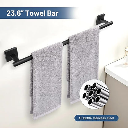 TURS 5-Pieces Matte Black Bathroom Hardware Set 23.6 Inch SUS304 Stainless Steel Towel Bar Set Wall Mounted Square Toilet Paper Holder with Shelf