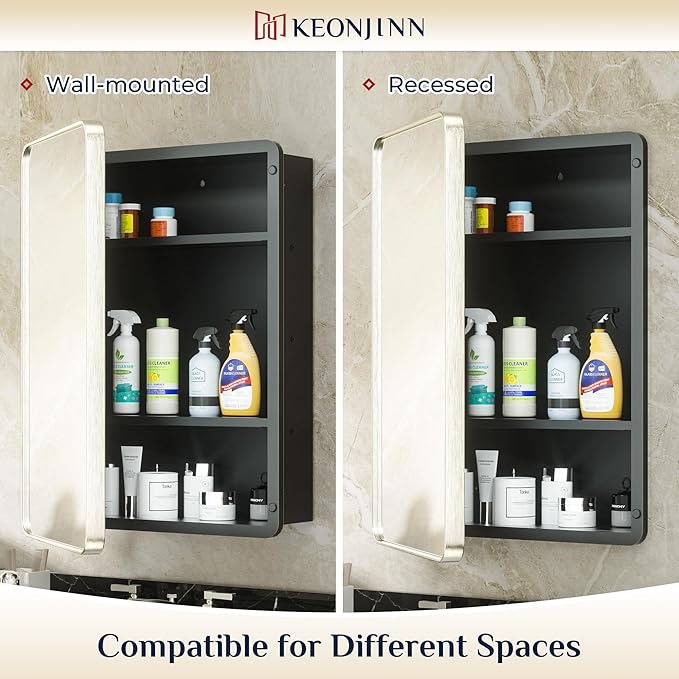Keonjinn Brushed Nickel Medicine Cabinet for Bathroom, 16 x 24 Inch Medicine Cabinet with Mirror, Silver Stainless Steel Framed, Adjustable Shelves, Recessed or Wall Mount, Sturdy, Rounded Rectangle
