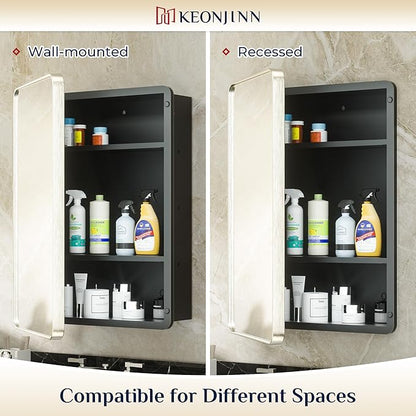 Keonjinn 20 x 26 Inch Brushed Nickel Recessed Medicine Cabinets, Bathroom Mirrored Medicine Cabinet, Brushed Nickel Stainless Steel Framed, Adjustable Shelves, In Wall or Surface Mount, Sturdy, Modern