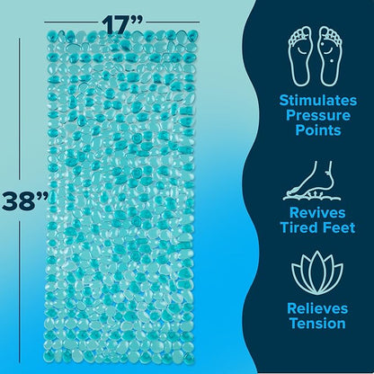 SlipX Solutions Non Slip Pebble Bath Mat for Shower & Bathtub 38x17 | River Rock Look | Accupressure | Massage Bath Mats for Tub | 188 Suction Cups | Machine Washable, Aqua Pebbles