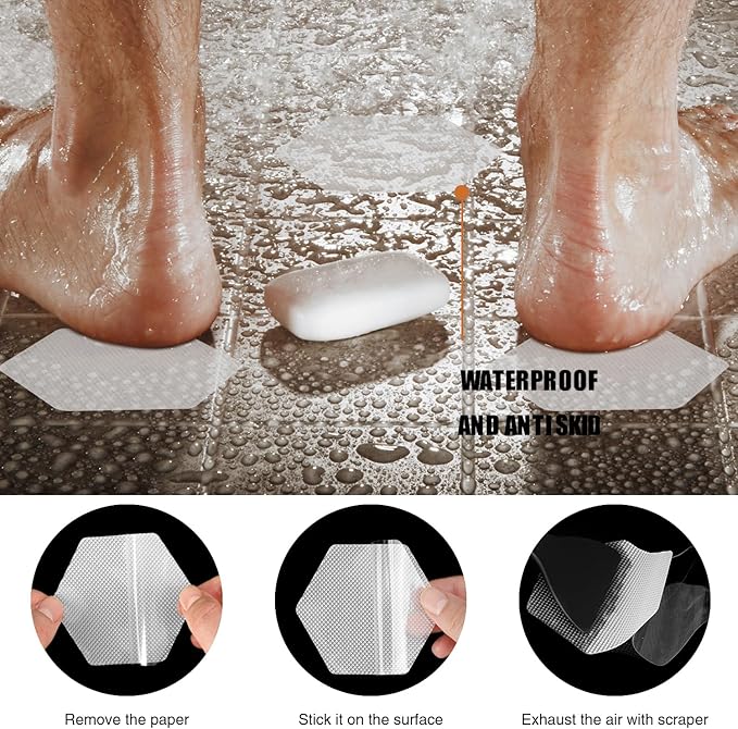 Bathtub Stickers Non-Slip, 36 PCS Hexagon Safety Shower Treads Adhesive Appliques with Premium Scraper