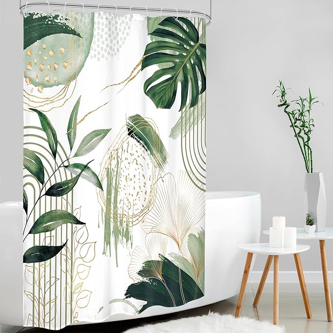 Sage Green Boho Shower Curtain 54Wx78H Small Stall Modern Abstract Mid Century Bohemian Tropical Palm Leaves Geometric Plant Bathroom Decor Botanical Bath Curtain Fabric Polyester 12 Pack Hooks