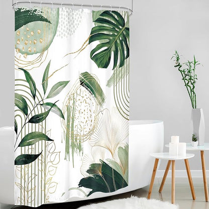 Sage Green Boho Shower Curtain 54Wx78H Small Stall Modern Abstract Mid Century Bohemian Tropical Palm Leaves Geometric Plant Bathroom Decor Botanical Bath Curtain Fabric Polyester 12 Pack Hooks