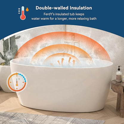 FerdY Tahiti 55" Acrylic Freestanding Bathtub, Elegant Oval Shape Soaking Bathtub, Glossy White, Chrome Drain & Integrated Slotted Overflow Assembly Included cUPC Certified