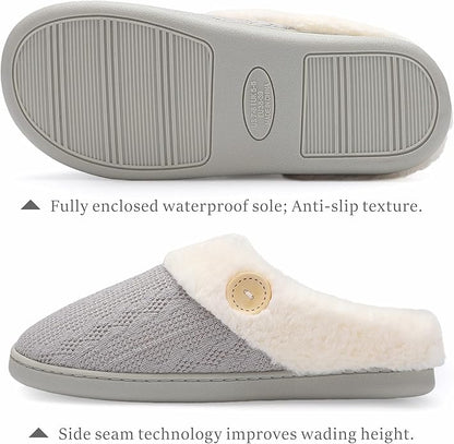 Chantomoo Womens Slipper Warm Comfy Memory Foam House Slippers Knitted Shoes Faux Fur Lined Anti-Skid Rubber Sole Bedroom Cozy Indoor Outdoor Slippers