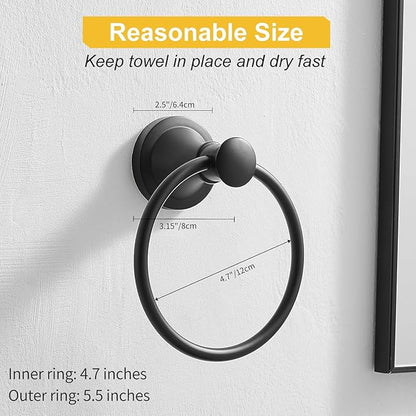BESy Matte Black Bathroom Hand Towel Ring Towel Holder, Rustproof Wall Mounted Bathroom Hardware Accessory SUS 304 Stainless Steel Towel Rack