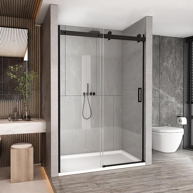 Sunrosa Semi-Frameless Glass Shower Door, 47 2/8" -48" W x 76" H Single Sliding Shower Door, Shower Door with Tempered Glass 5/16"(8mm), Matte Black