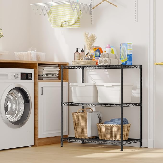 3 Tier Storage Shelves Metal Shelving Unit,Adjustable Wire Rack Pantry Kitchen Shelves,Small Shelf Wire Shelving for Laundry Office Bedroom Dorm Bathroom Closet 24" W x 30" H x 14" D Black Shelves