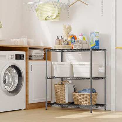 3 Tier Storage Shelves Metal Shelving Unit,Adjustable Wire Rack Pantry Kitchen Shelves,Small Shelf Wire Shelving for Laundry Office Bedroom Dorm Bathroom Closet 24" W x 30" H x 14" D Black Shelves