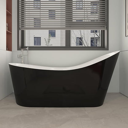 55" Black Modern Free Standing Soaking Slipper Bathtub, WHALEKING Luxury Stand Alone Deep Acrylic Hot Tub with Chrome Overflow & Drain,