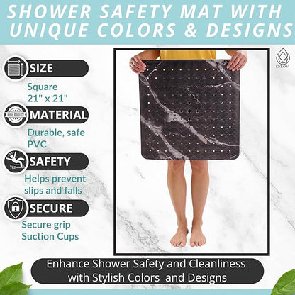 ENKOSI Square Shower Mat 21 x 21 – Anti Slip Shower Mat with Secure Suction Cups and Drain Holes – Square Shower Stall Floor Mats with Black Marble Design (Marble Black 21x21)