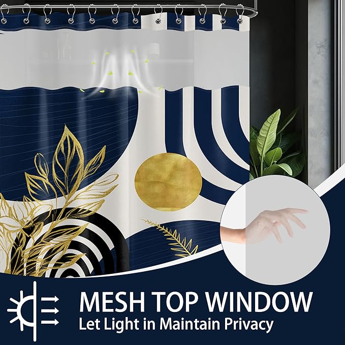 Navy Blue See Through Mesh Top Shower Curtain with Window, Boho Dark Blue and Gold Double Layer Mens Shower Curtains with Snap in Liner with Magnets, Waterproof Cloth Fabric with Hooks 71x72in