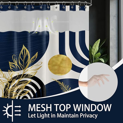 Navy Blue See Through Mesh Top Shower Curtain with Window, Boho Dark Blue and Gold Double Layer Mens Shower Curtains with Snap in Liner with Magnets, Waterproof Cloth Fabric with Hooks 71x72in