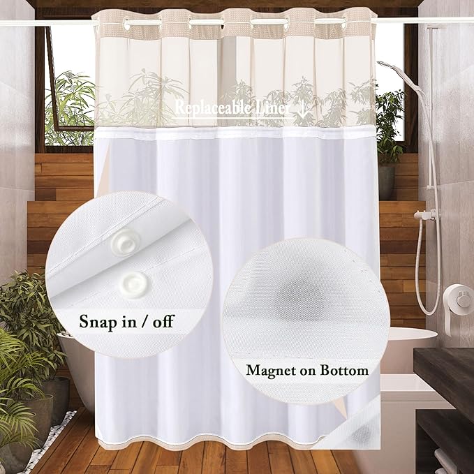 Gibelle Extra Long Shower Curtain 72x86, Waffle Weave Bathroom Shower Curtain with Snap-in Fabric Liner Set, No Hooks Needed, Hotel Style with Mesh Top Window, Blush Pink