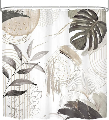 Gray Boho Shower Curtain 72Wx72H Tropical Palm Leaves Bohemian Botanical Abstract Modern Mid Century Bathroom Decor Geometric Plant Minimalist Gray Bath Curtain Fabric Polyester 12 Pack Hooks
