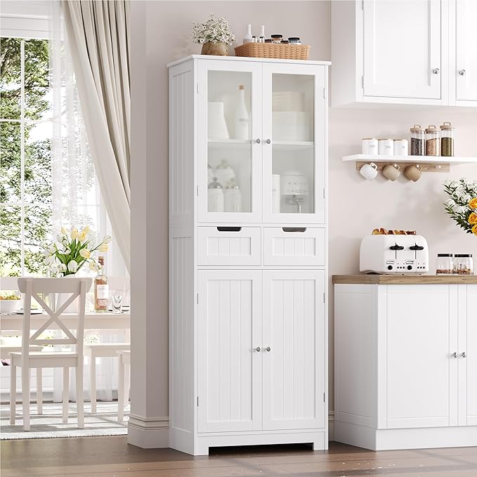 HORSTORS 67" Tall Bathroom Storage Cabinet, Freestanding Linen Cabinet with Glass Door and Shelves, Kitchen Pantry with 2 Drawers for Bathroom, Living Room, Dining Room, Office, White
