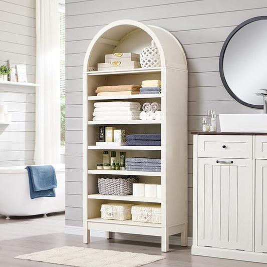 71" Tall Arched Bathroom Storage Cabinet, 7-Tier Modern Farmhouse Storage Cabinet with Adjustable Shelves, Wood Freestanding Cabinet for Bathroom, Living Room, Entryway, Hallway (Antique White)