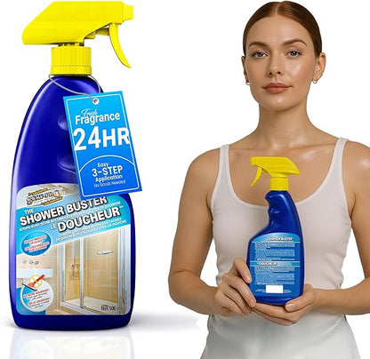 Shower Glass Door Cleaner – Shower Buster Spray for Soap Scum & Hard Water Stains – No Scrub Bathroom Cleaner for Glass, Tile, Chrome, Ceramic, RV and Septic Safe (500ml / 16.9oz)