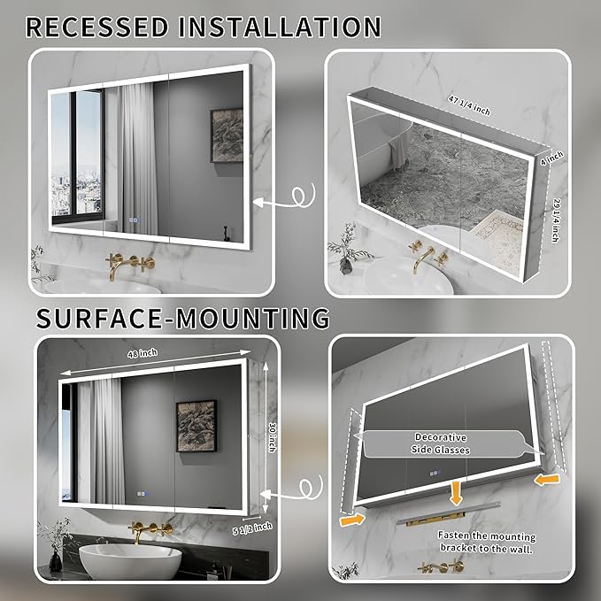 GroGro LED Lighted Bathroom Medicine Cabinet with Mirror,48" W x 30" H Medicine Cabinet with Lights,Surface or Recessed Mounting,Defog,Dimming,3-Color Temperature Adjustment