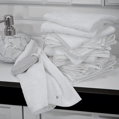 Tens Towels Pack of 60 Washcloths, 12 x 12 Inches, Lighter Weight, Quick to Dry, Super Soft & Absorbent, Gentle Face Towels, Hotel Quality, Perfect for Bathroom, Gym, Spa (White, 60 Pack)