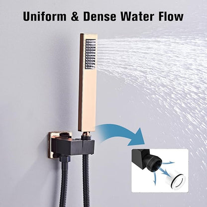 12 Inch Ceiling Mount Shower System Matte Black Gold Rain Mixer Shower Combo Set High Pressure Rainfall Shower Head System Bathroom Luxury Shower Faucet Set Rough-in Valve and Trim Included