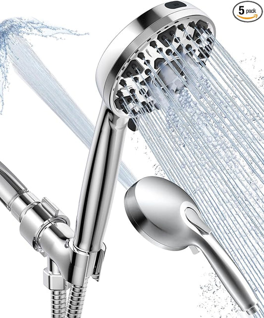 Shower Head With Handheld 7 Settings High Pressure, Built-in Power Wash to Clear Tub, Tile & Pets, 5" High Powerful Hand Held Rain Showerhead with Stainless Steel Hose and Adjustable Bracket