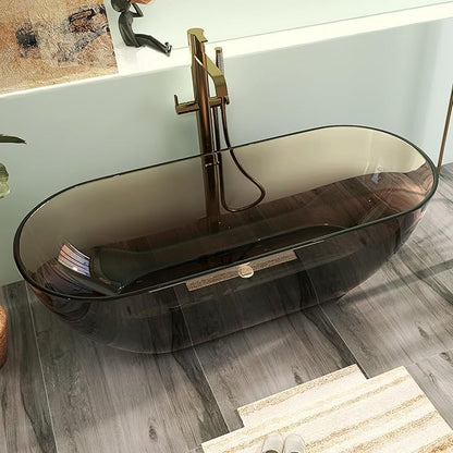 69" Premium Solid Surface Free Standing Bathtub, Unique Transparent Brown Stone Resin Tub with Pop-up Drain