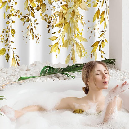 Gibelle Yellow Eucalyptus Shower Curtain, Watercolor Plant Leaves with Floral Bathroom Shower Curtain Set, 72x72