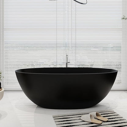 SJ STAR&JANE 65" Solid Surface Freestanding Bathtub, Oval Soaking Stone Resin Tub Stand Alone Tub with Overflow and Pop-up Drain for Bathroom Matte Black