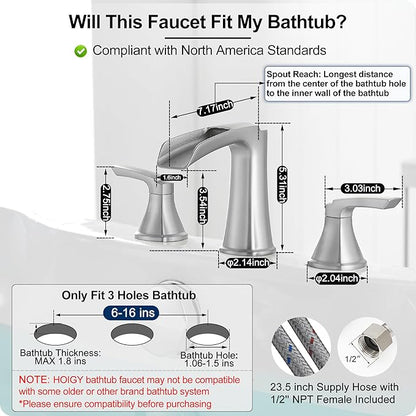 3 Hole Roman Tub Faucet Waterfall Brass Brushed Nickel Bathtub Faucet Set, High Flow 6-16 Inch Deck Mount Faucet for Bathtub, 2 Handle Bath Tub Faucets with Supply Water Hoses for Classic
