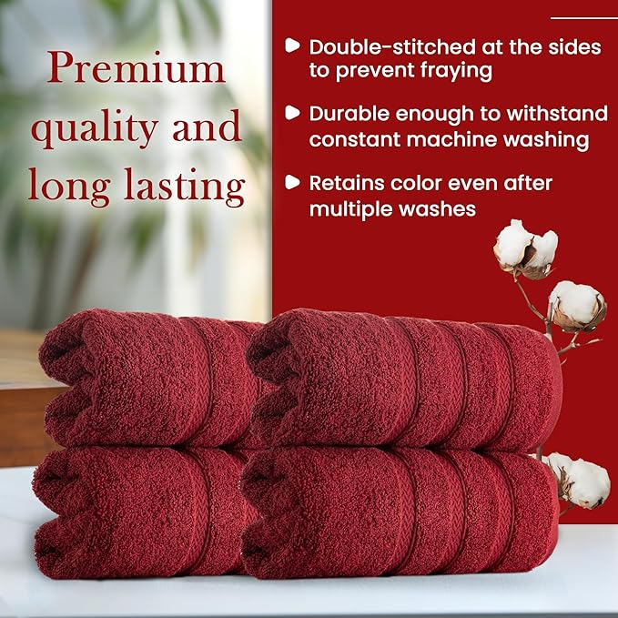 HALLEY Turkish 4 Pack Premium Hand Towels (4 Pieces) 650 GSM Highly Absorbent Super Soft 100% Cotton - 4 Hand Towels (Red)