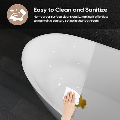 SJ STAR&JANE 61" Solid Surface Freestanding Bathtub Stone Resin Tub Oval Double Slippers Stand Alone Soaking Tub with Pop-up Drain and Overflow, Matte White