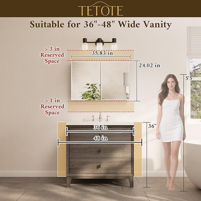 TETOTE 36 x 24 Medicine Cabinet with Tempered Beveled Mirror White Medicine Cabinet Mirror Aluminum Cabinet DTC Hinges, Stepless Adjustable Shelves, Recessed/Surface-Mounted
