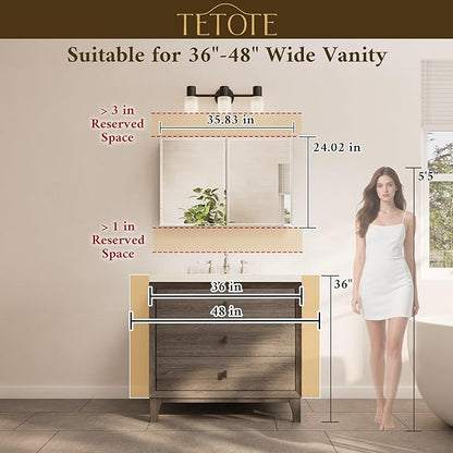 TETOTE 36 x 24 Bathroom Vanity Mirror Cabinet with Tempered Beveled Mirror Black Medicine Cabinet Aluminum Cabinet DTC Hinges, Stepless Adjustable Shelves, Recessed/Surface-Mounted