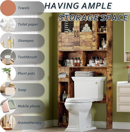 Over Toilet Storage Cabinet, 67 Inch Wall Mounted Tall Cabinet, Freestanding Bathroom Organizer Shelf for Bathroom, Brown