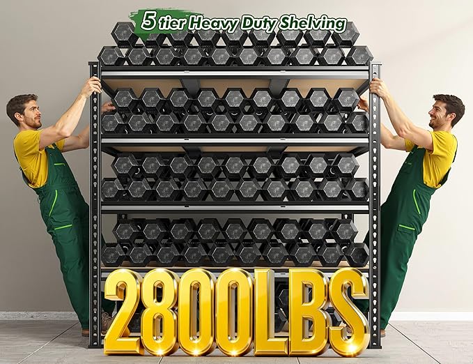 2800 LBS Garage Shelving 72.2" H Garage Storage Shelves, 5 Tier Adjustable Shelving Unit, Storage Shelves for Storage, Basement, Warehouse, Pantry, Kitchen, 48.1" W x 24.1" D x 72.2" H, Black, 2 Pack