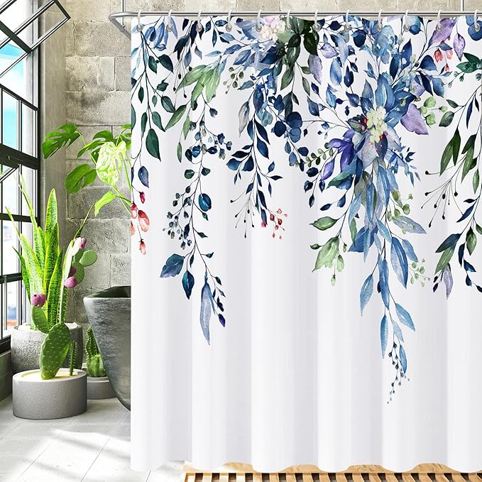 Shower Curtain Blue Green Eucalyptus Shower Curtains for Bathroom, Watercolor Leaf Shower Curtain Sets Waterproof Plant Shower Curtain Leaves Fabric Cloth Bathroom Curtains 72x72 inch with Hooks