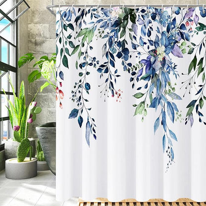 Shower Curtain Blue Green Eucalyptus Shower Curtains for Bathroom, Watercolor Leaf Shower Curtain Sets Waterproof Plant Shower Curtain Leaves Fabric Cloth Bathroom Curtains 72x72 inch with Hooks