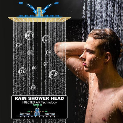 Shower Faucet Set Brushed Gold Shower System with 12 inch and 8 inch Wall Mounted Shower Head, Digital Temperature Display Push Button Shower Fixtures with Handheld Shower