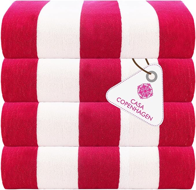 CASA COPENHAGEN Cabana Beach Designed in Denmark Rough and Tough, Quick Dry, Pool, Bath & Shower 30x60 inches 4 Pieces Cotton Beach Bath Towels Set - Pink
