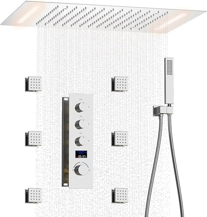 Shower System Polished Chrome Shower Faucet Set with 14X20 inch Shower Head, 6 PCS Body Jet and Handheld Shower, with Digital Temperature Display Function