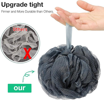 Bath Shower Loofah Sponge 60g Bath Mesh Pouf Shower Ball Body Scrubber Exfoliating Bath Sponge for Women and Men, Set of 4, Drak Grey-Pink-Grey-White