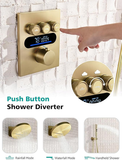 Lefton Shower System in Fahrenheit Display (Battery-free), 13” Overhead Round Rainfall Shower Head with All-in-one Handheld Spray Showerhead, 4-in-1 Control System, SSWM2501 (Brushed Gold)