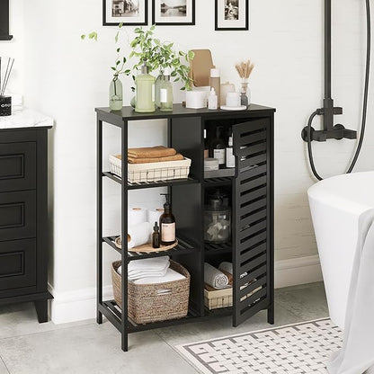HITNET Black Bathroom Cabinet, Freestanding Storage Cabinet Bamboo Kitchen Floor Cupboard with Door and Shelf, Space Saving Side Storage Organizer for Living Room Bedroom Home Office