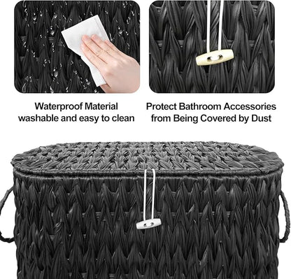 Black Toilet Paper Basket with Lid,Wicker Toilet Paper Storage Stand,Large Narrow Bathroom Towel Basket Mega Roll Container Bin for Toilet Tank,Floor