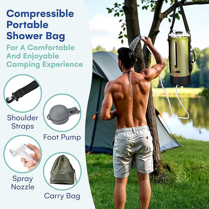 HappyPo Camping Shower - Portable Camping Solar Shower Pump- Shower Bag with Pressure Foot Pump with Temperature Indicator - Camp Water Equipment for Road Travel
