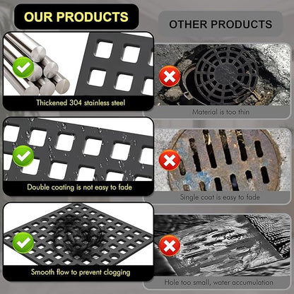2PC 3-7/8" Matte Black Shower Drain Cover - Square Floor Drain Cover Replacement - Hair Catcher/Drain Strainer for Bathrooms, Showers, and Sinks - SUS304 Stainless Steel & CUPC Certified