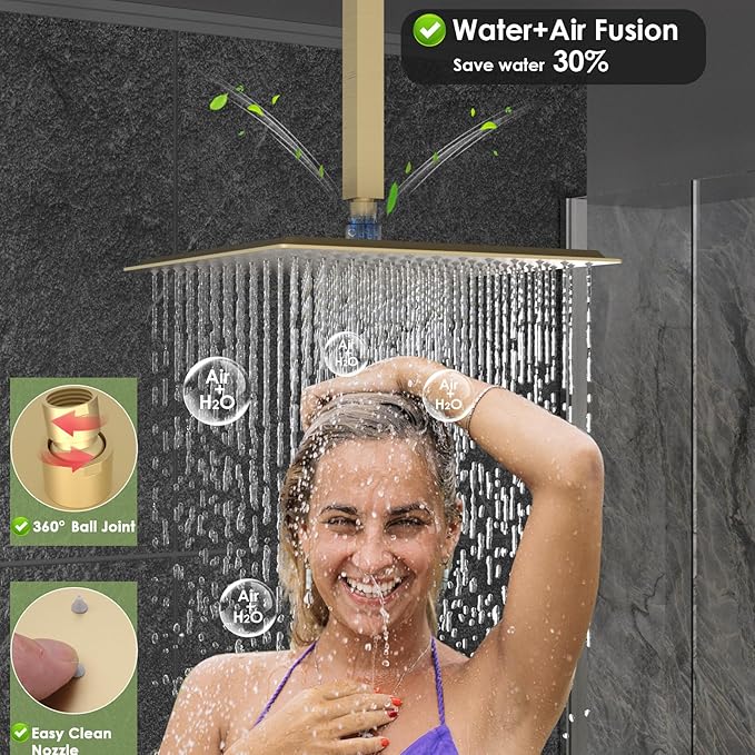 Enga Brushed Gold Rain Shower System with 4 Body Shower Jets 12inch Ceiling Mount Rainfall Shower Head & Handheld, Multi Shower Head System Rain Shower Faucets sets Combo with Rough-in Valve
