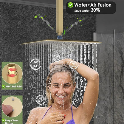 Enga Brushed Gold Rain Shower System with 4 Body Shower Jets 12inch Ceiling Mount Rainfall Shower Head & Handheld, Multi Shower Head System Rain Shower Faucets sets Combo with Rough-in Valve