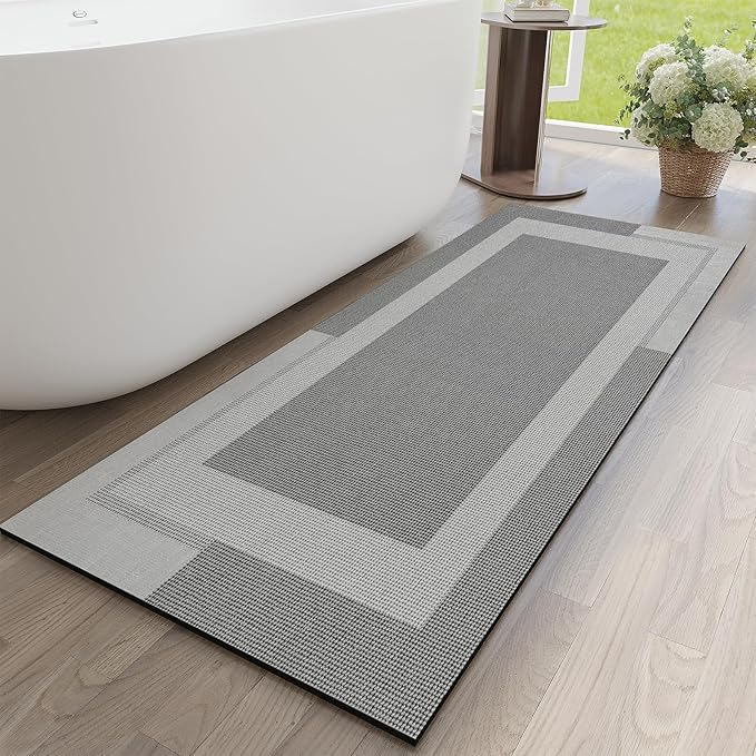 Non Slip Long Bathroom Runner Rug Bath Mat, Rubber Backing Ultra Thin Bathroom Rugs Fit Under Door Quick Dry Super Absorbent Washable Shower Mat for Bathtub Sink Floor, Grey 17"x59"